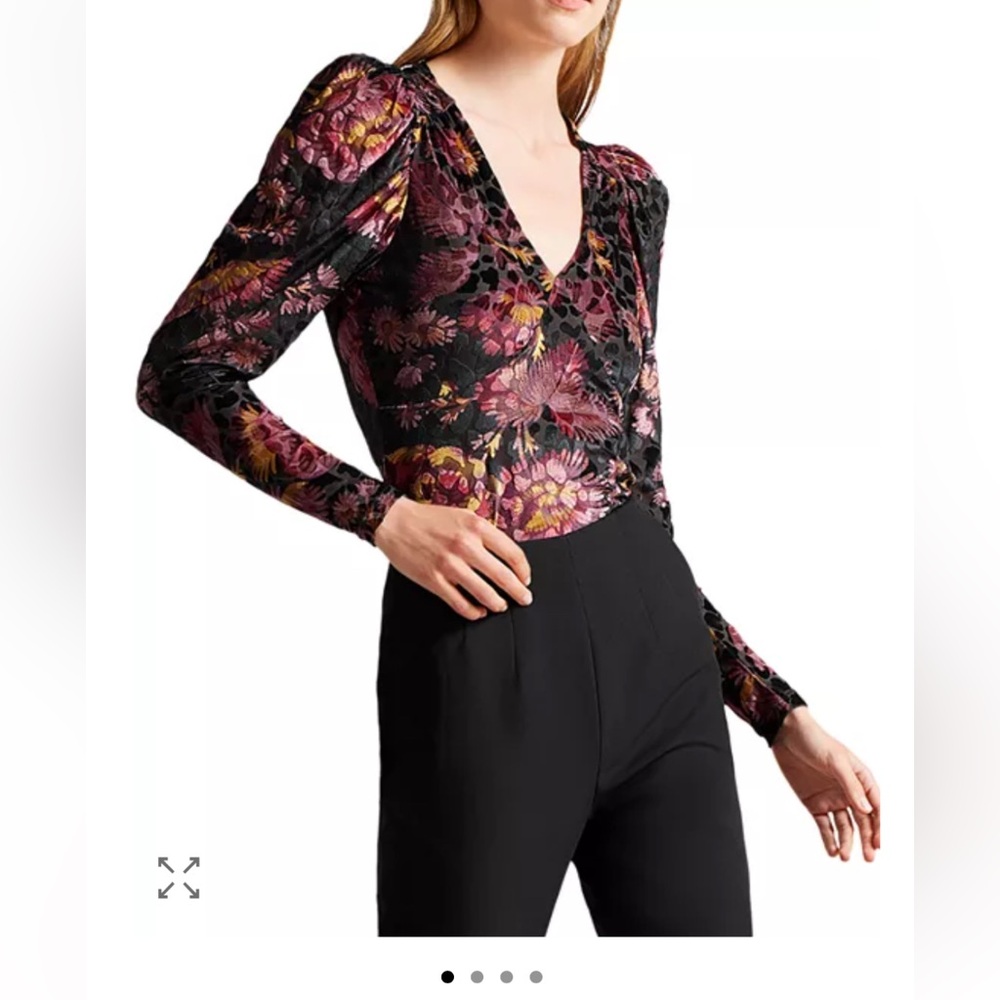 Ted Baker Ettya Floral-Print V-neck Puff Sleeve Stretch-Jacquard Top Size 3
